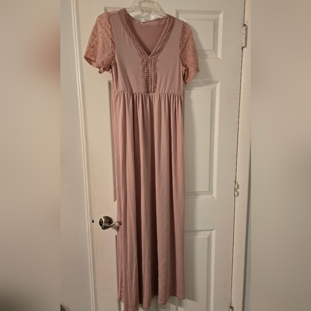 Maternity Pink Lace Sleeve Maxi Dress